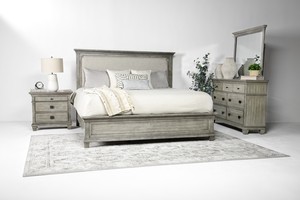 Crawford Panel Bed, Dresser & Mirror in Gray, CA King